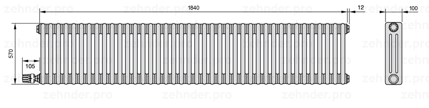 Схема (чертеж) Радиатор Zehnder Charleston 3057/40 №V003 Белый глянцевый RAL 9016